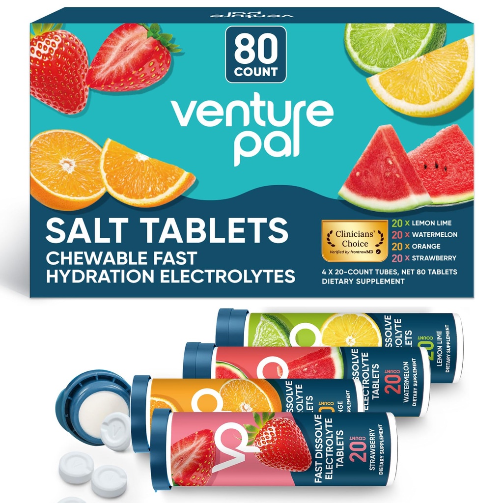 Venture Pal Chewable Electrolyte Tablets, 80 Tel snel oplossen Sugar-Free Stick Salt Tablets - Variety Pack voor snelle hydratatie, Outdoor hardlopen, wandelen, Sporten 