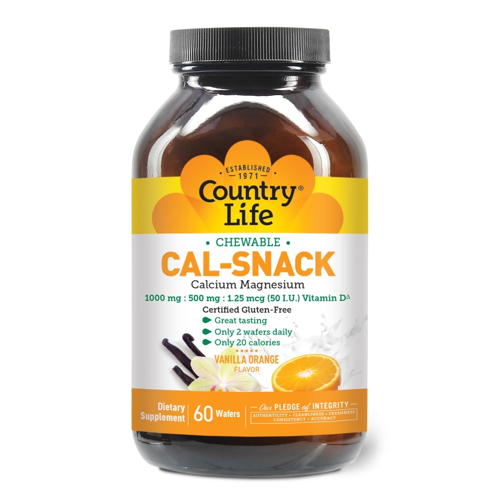 Country Life Cal-Snack, Kauwbaar Calcium, Magnesium met Vitamine D, 1000mg/500mg/50 IE, Dairy-Free, Vanille Orange Smaak, 60 Wafers, Gecertificeerde Glutenvrij, Gecertificeerde Veganist