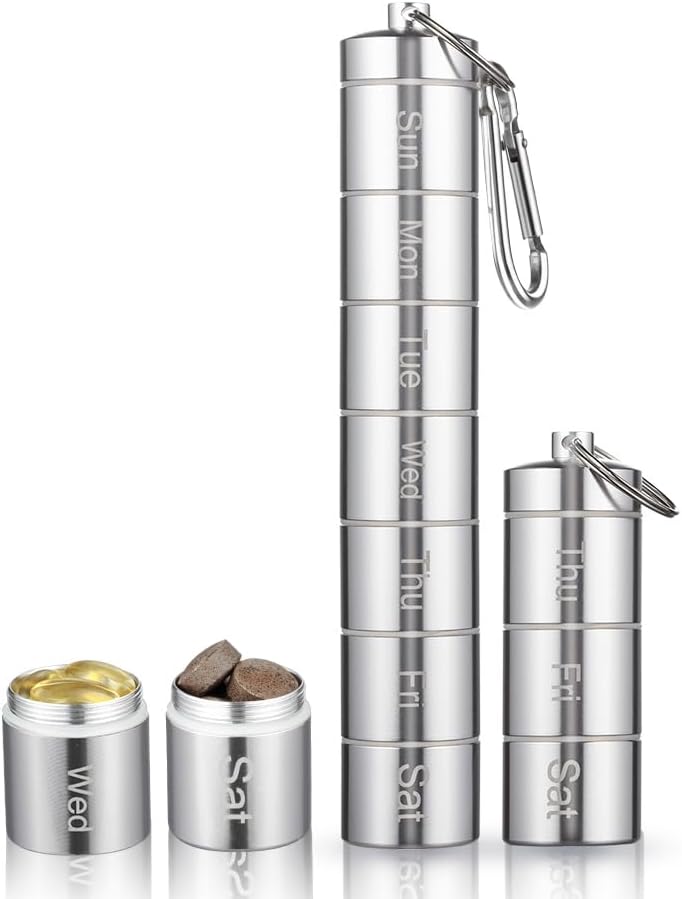 Metalen Vocht Proof Wekelijkse Pillen Organisator 7 Dag 3 keer per dag, Stapelbare Aluminium Legering Gratis reizen Wandelen Pill Box Case Waterdicht en Groot Compartiment om pillen, vitamines, visolie, Supplem te houden