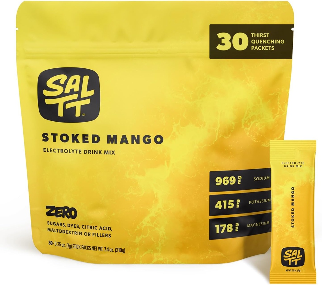 SALTT Electrolytes en poudre Mélange de boissons aromatisées - Mangue cuite - 30 paquets d'hydratation - Magnésium, potassium, sodium, minéraux traces - Zéro sucre et sans gluten - Essentiels de voyage