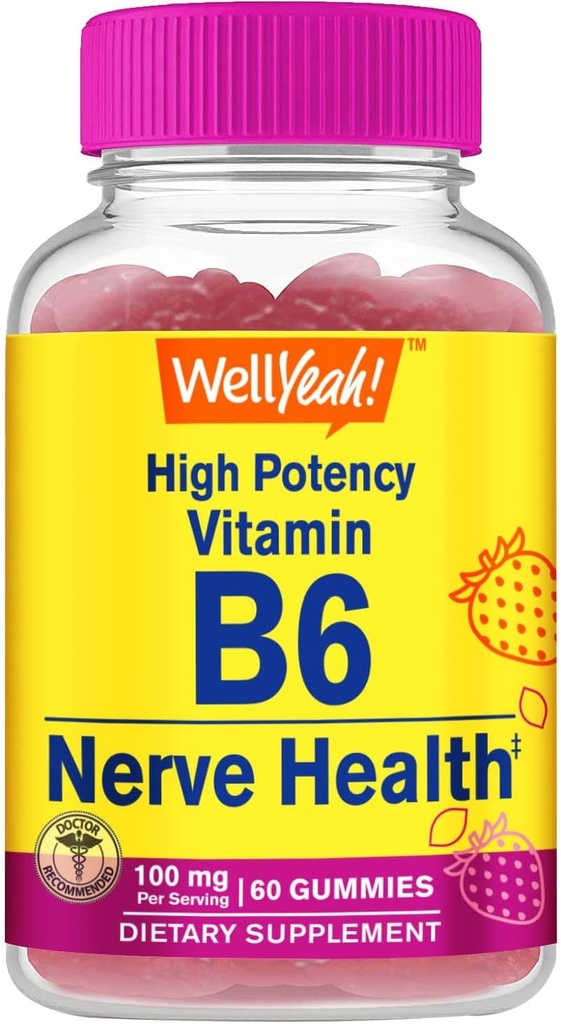 WellYeah High Potency Vitamine B6 Gummies - Promoot Nerve Health, Cognitieve functie, goede verordening, Immune Support, en cardiovasculaire gezondheid - Vegan, Non-GMO, Glutenvrije - 60 Tellen