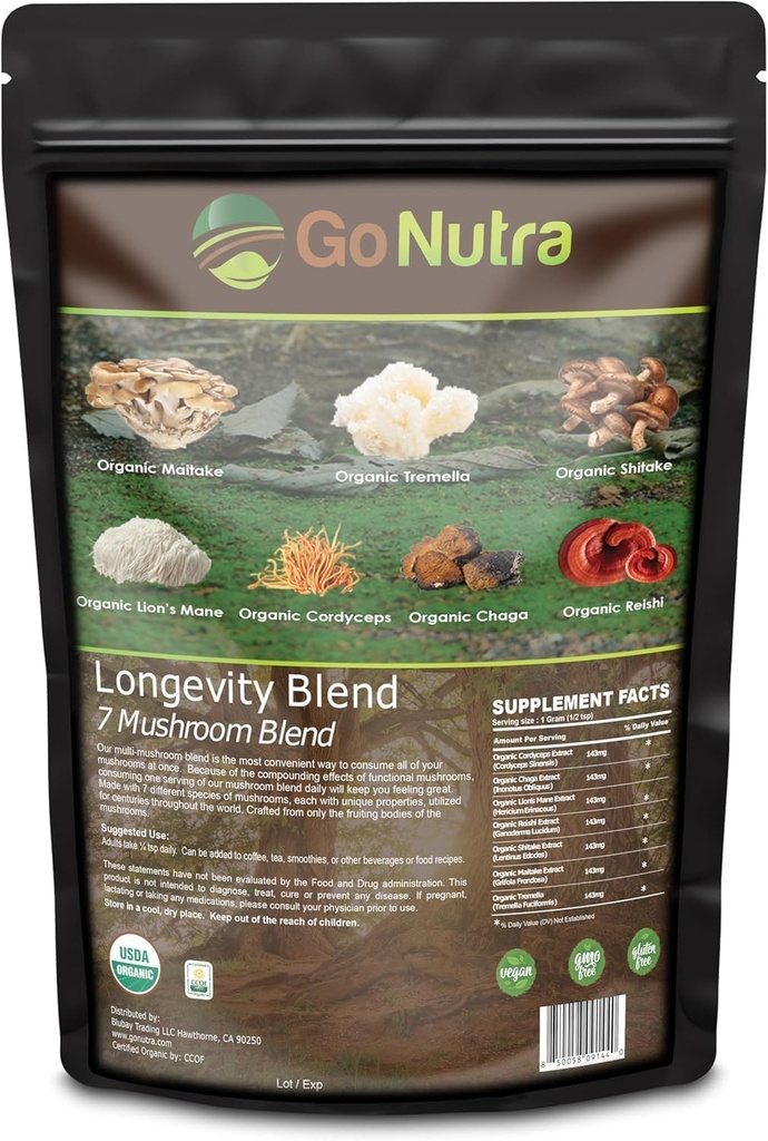 Go Nutra - Biologische 7 Paddestoelensupplement, Paddestoelenpoeder met Leeuwen Mane, Chaga, Shiitake, Maitake, Reishi, Tremella en Cordyceps Paddestoelen, Non-GMO, Glutenvrij, Veganistisch, 8 oz