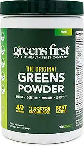 Greens First Original Greens Poudre - 49 Superfoods - Fruits et légumes biologiques - Prébiotiques, probiotiques et enzymes digestives - Smoothie antioxydant - Sans lait, végétalien et non-OGM (Mint, 30 portions)