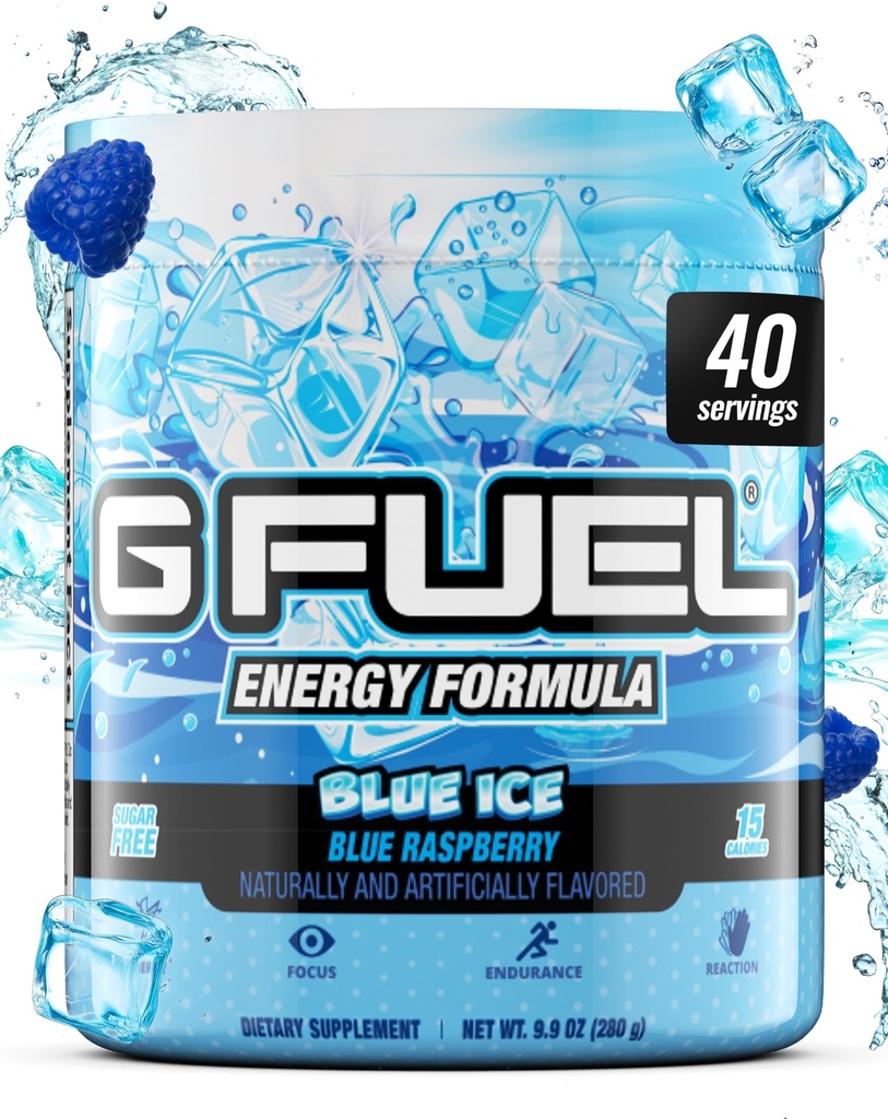G Fuel Blue Ice Energy Drink Powder, Pre Workout Cafeïne Mix voor Gaming, Suikervrije Focus Amino, Vitamine + Antioxidanten, 9.9oz (Blue Raspberry, 40 Servers)