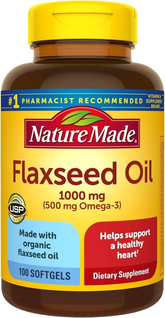 Nature Made Flaxseed Oil 1000 mg, Visvrij Omega 3-supplement, Dieetsupplement voor Hartgezondheidsondersteuning, 100 Softgels, 100 dagen Levering