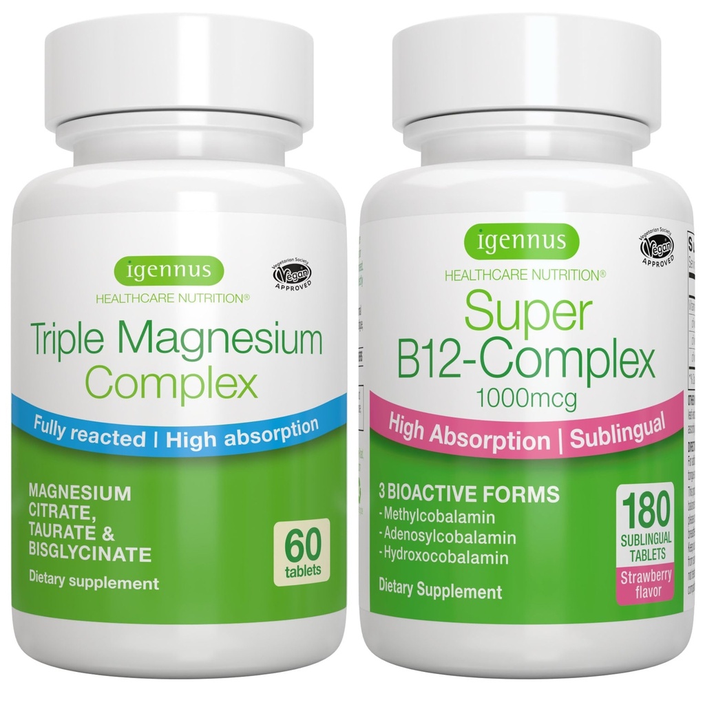 Complexe Triple Magnésium + Super B12-Complex Energy Bundle, Haute Absorption Glycinat chélaté, Taurate et Citrate Magnésium + Haute Absorption Sublingual B12, Vegan, par Igennus