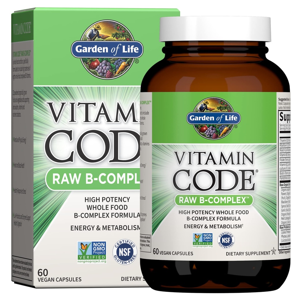 Garden of Life Vitamine B Complex, 60 Vegan Capsules, High Potency Vitamines for Energy & Metabolisme met B6, Folaat & B12 als Methylcobalamine Plus Probiotica