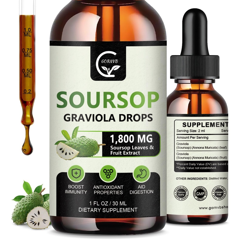 (2 Pack) Soursop Graviola Liquid Drops 1800mg, 98% Absorptie Soursop Bitters Liquid for Cell Support & Regeneratie, Immune Boost, Relax, Lever en Slaap, Kruidengoed, Glutenvrij, 1 Fl Oz