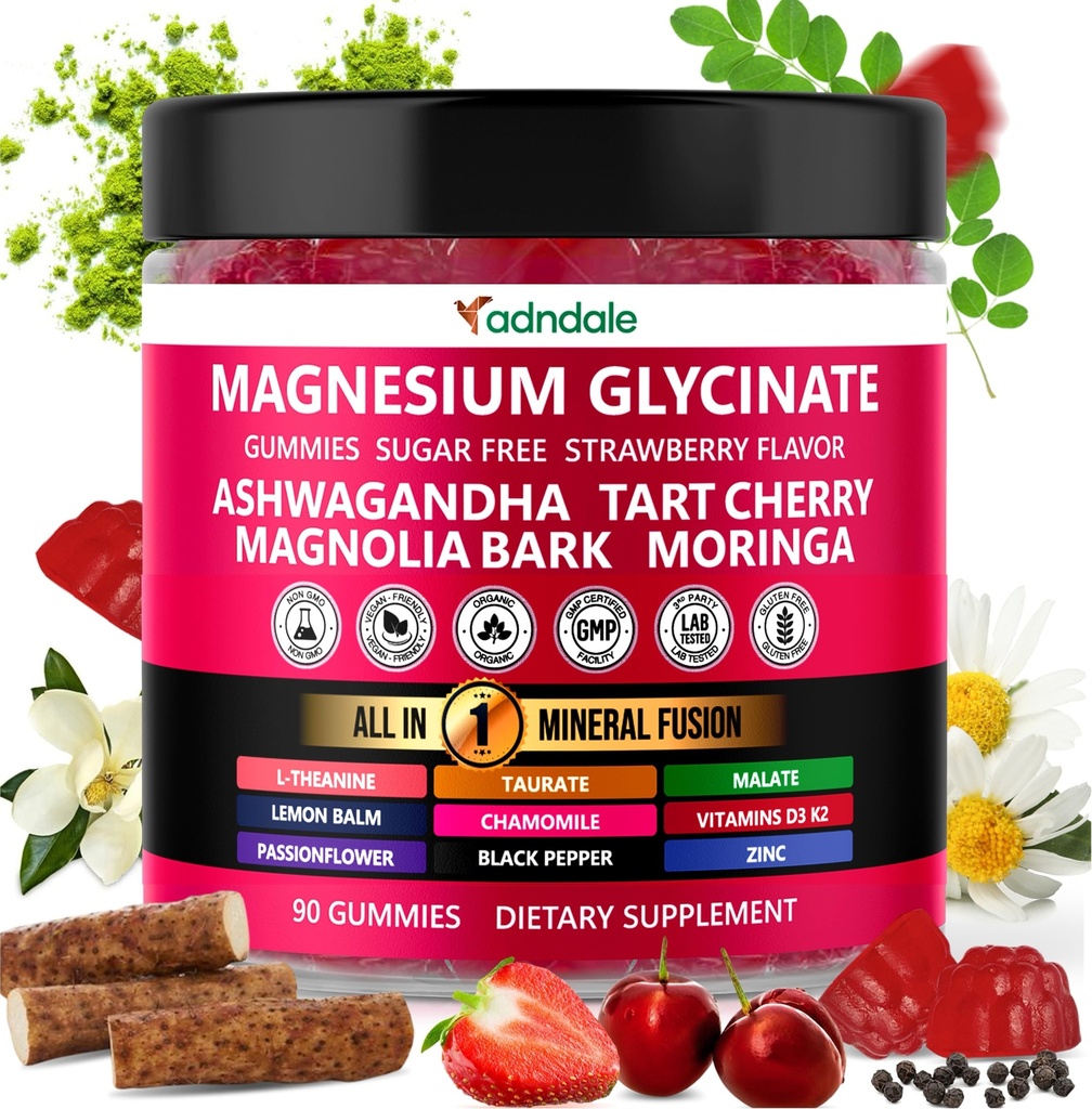 Adndale 90ct 15-en-1 Magnésium Glycinate Gommies 400 mg/serv- avec Magnésium Malate, Ashwagandha, Tart Cherry, Magnolia Bark, Lemon Baume, Passionflower, Camomille, L-Theanine, Zinc, Vitamine K2 & D3