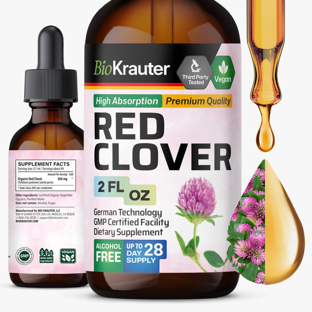 BIO KRAUTER Red Clover Tinctuur - Red Clover Extract - Liquid Supplement for Women's Support - Alcohol en Suikervrij - Vegan Drops 2 Fl.Oz.