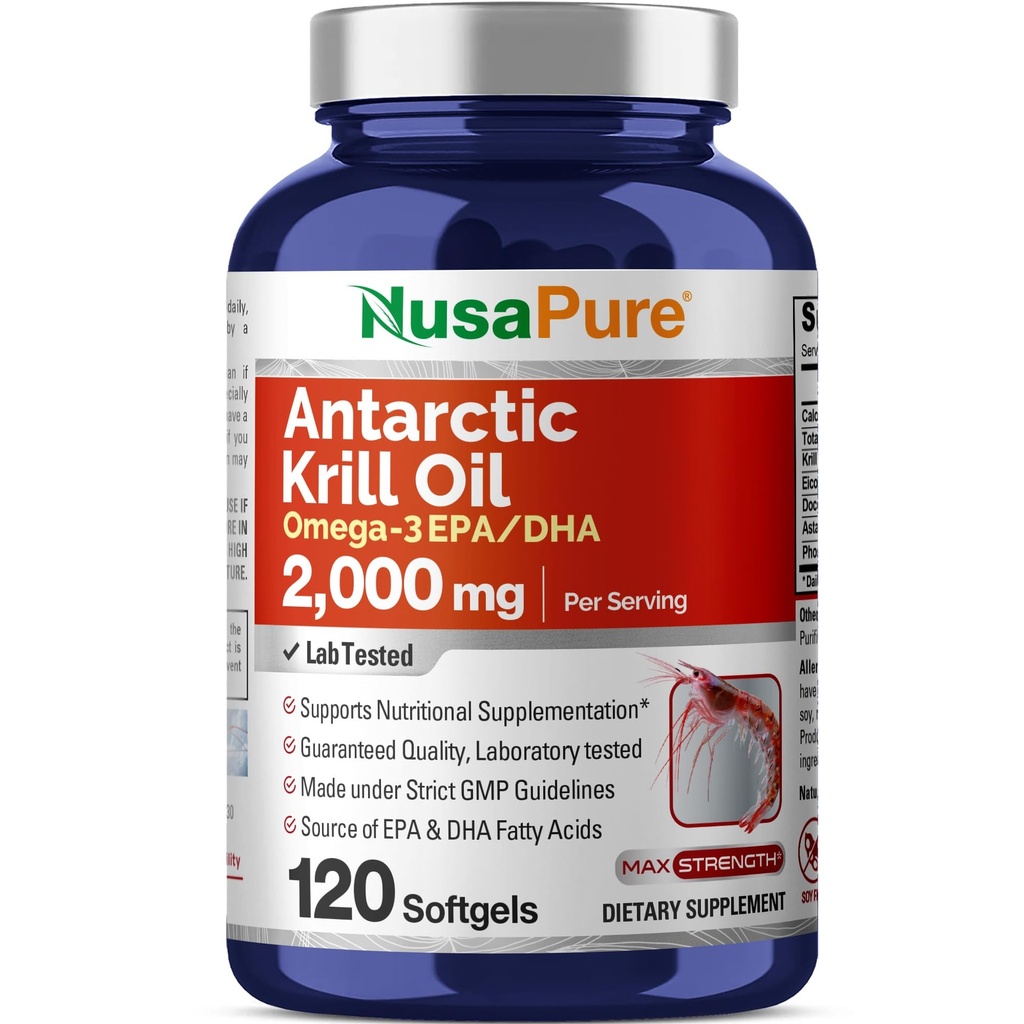 NusaPure Antarctica Krill Oil 2000 mg 120 Softgels, Omega-3 EPA 360mg, DHA 240mg, Soyfree Astaxanthine Supplement Brond from Krill 800ppm