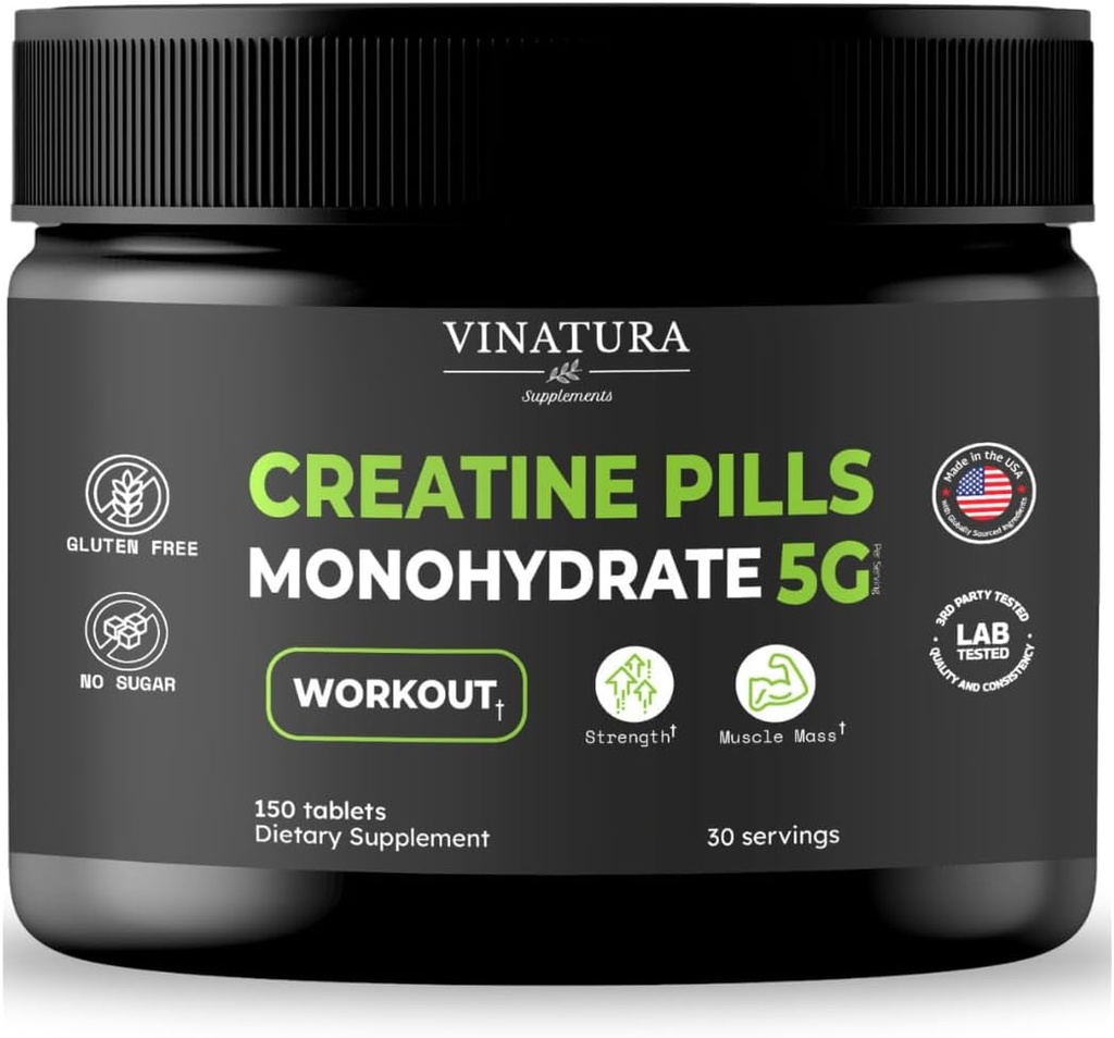 VINATURA Creatine Monohydraat Pillen 5g - creatine Tablets, creatine Pillen voor mannen, vrouwen, creatina en capsulas *USA Made & Tested Ongearomatiseerd creatinemonohydraat Poeder alt, 150 tabletten 30 porties