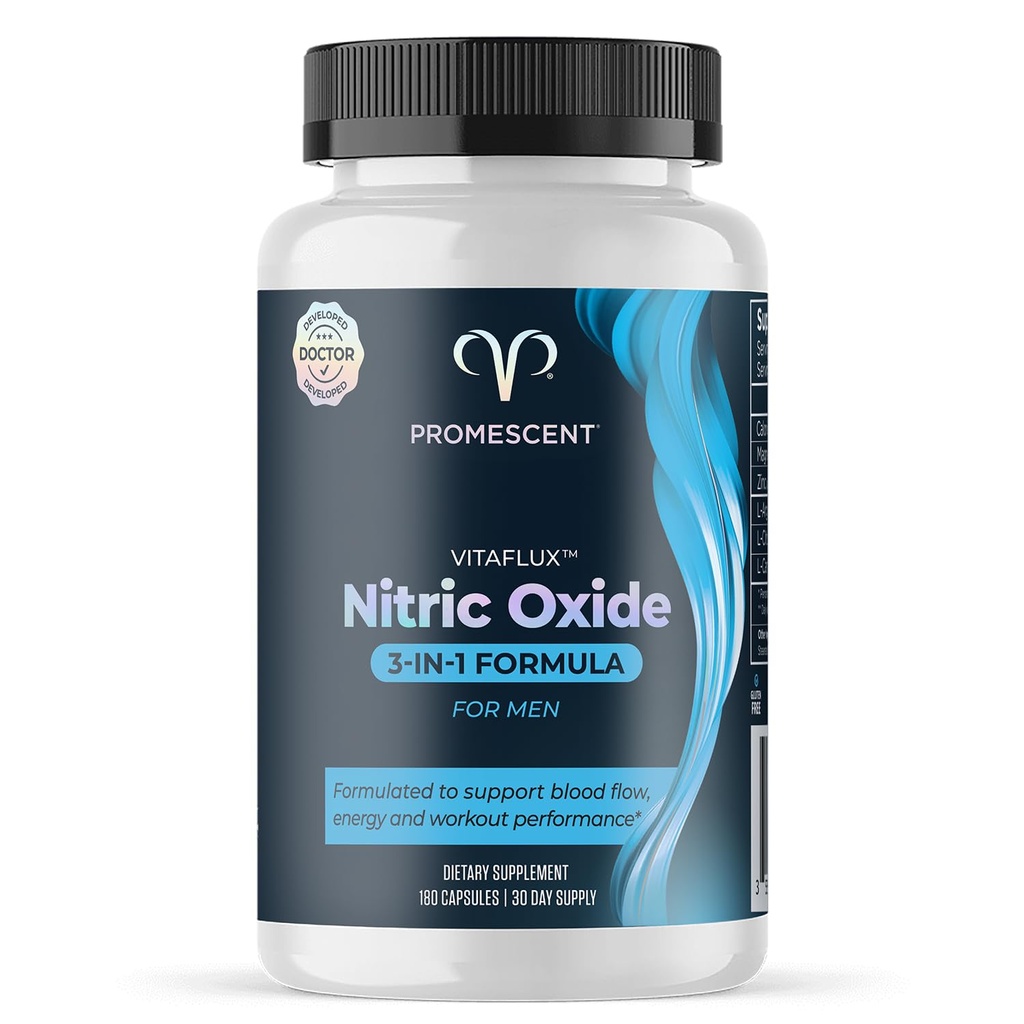 Promescent VitaFLUX Nitric Oxide Supplement, L Arginine l Kwaliteit Citrulline Supplementen voor mannen, Ondersteunt gezonde bloedstroom, Nitric Oxide Booster Arginine Supplement, 180 Capsules