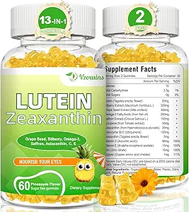 Lutéine 20 mg avec Gummies Zeaxanthin, Lutéine et Suppléments Zeaxanthin avec Vitamines oculaires C, E, Bilberry pour la santé oculaire - 120Cts