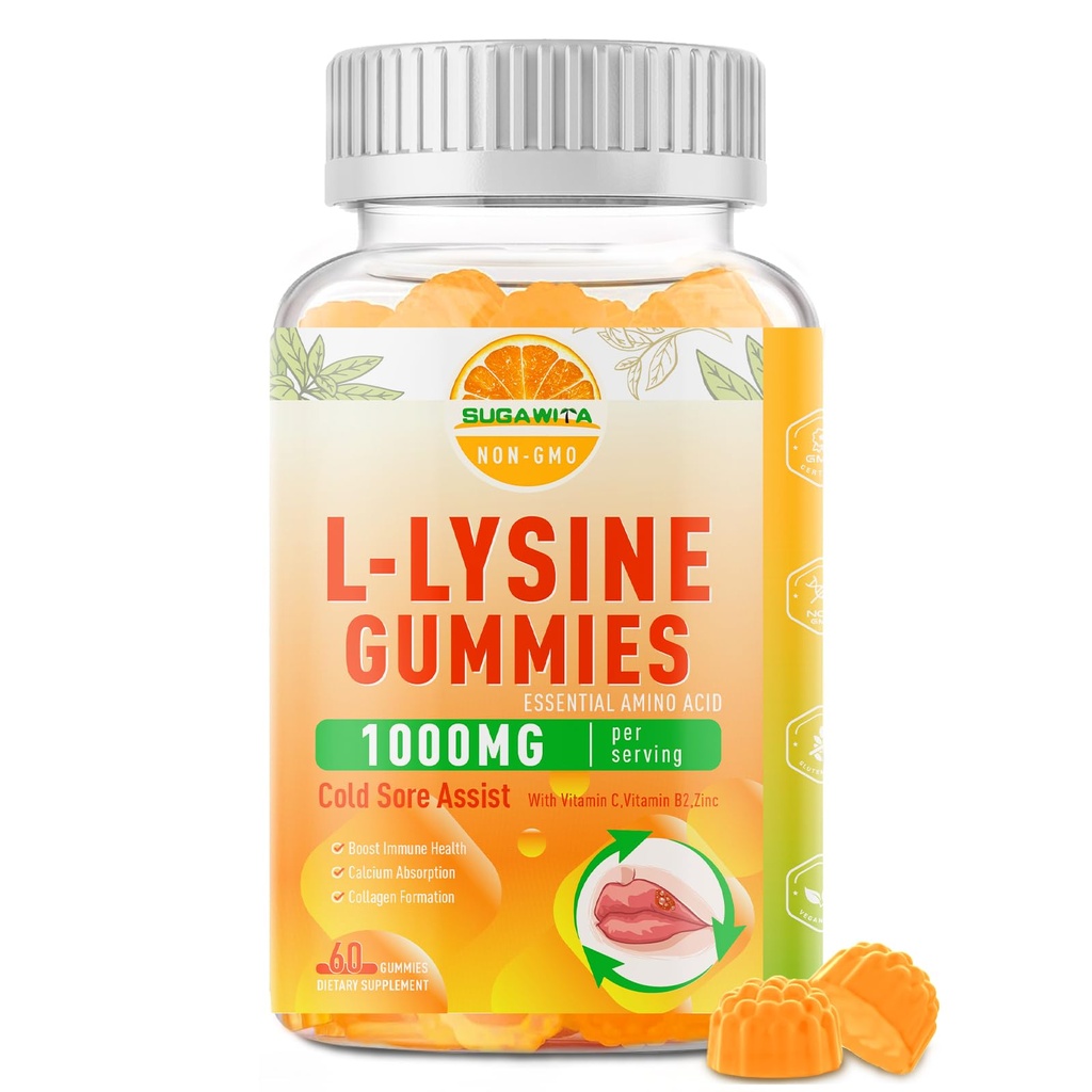 L-Lysine Gummies 1000 mg, Cold Sore Supplement met Immune Ondersteuning voor Lippen & Oral, Kauwbare Lysine Gummies voor Volwassenen & Kids, Boost Immune & Collagen, Non-GMO, Veganist, Glutenvrij - 60 Tellen