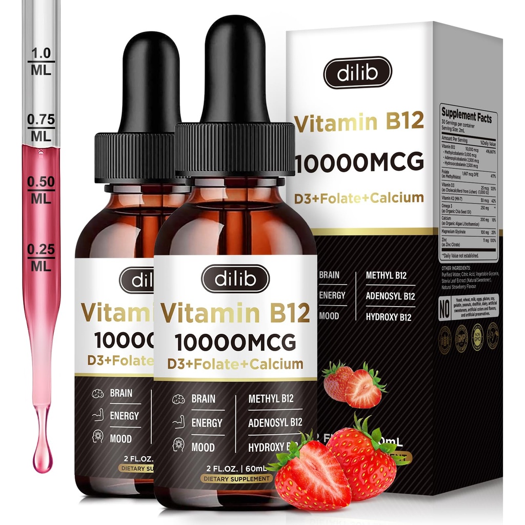 Vitamine B12 gouttes liquides Sublingual 10000 mcg, Supplément complexe triple B-12, mélange de méthyl et de méthylcobalamine pour les femmes et les hommes, Booster d'humeur et d'énergie, Métabolisme et soutien de la santé, 2 Pack