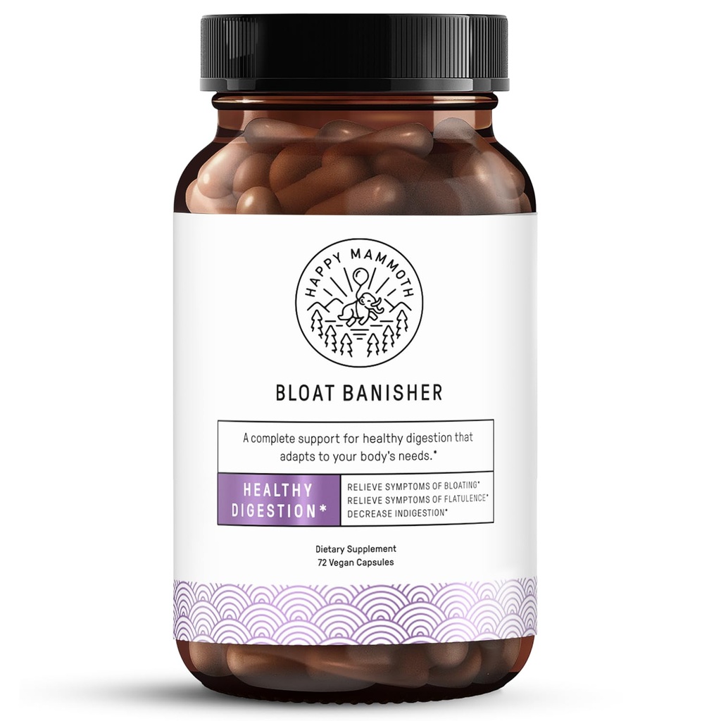 Happy Mammouth Bloat Banisher Natural Relief for Bloating, Gas, Indigestion & Disconfort. Favorise la digestion saine d'aliments même difficiles comme le lait, les pains, les pizzas, le fromage et les viandes.