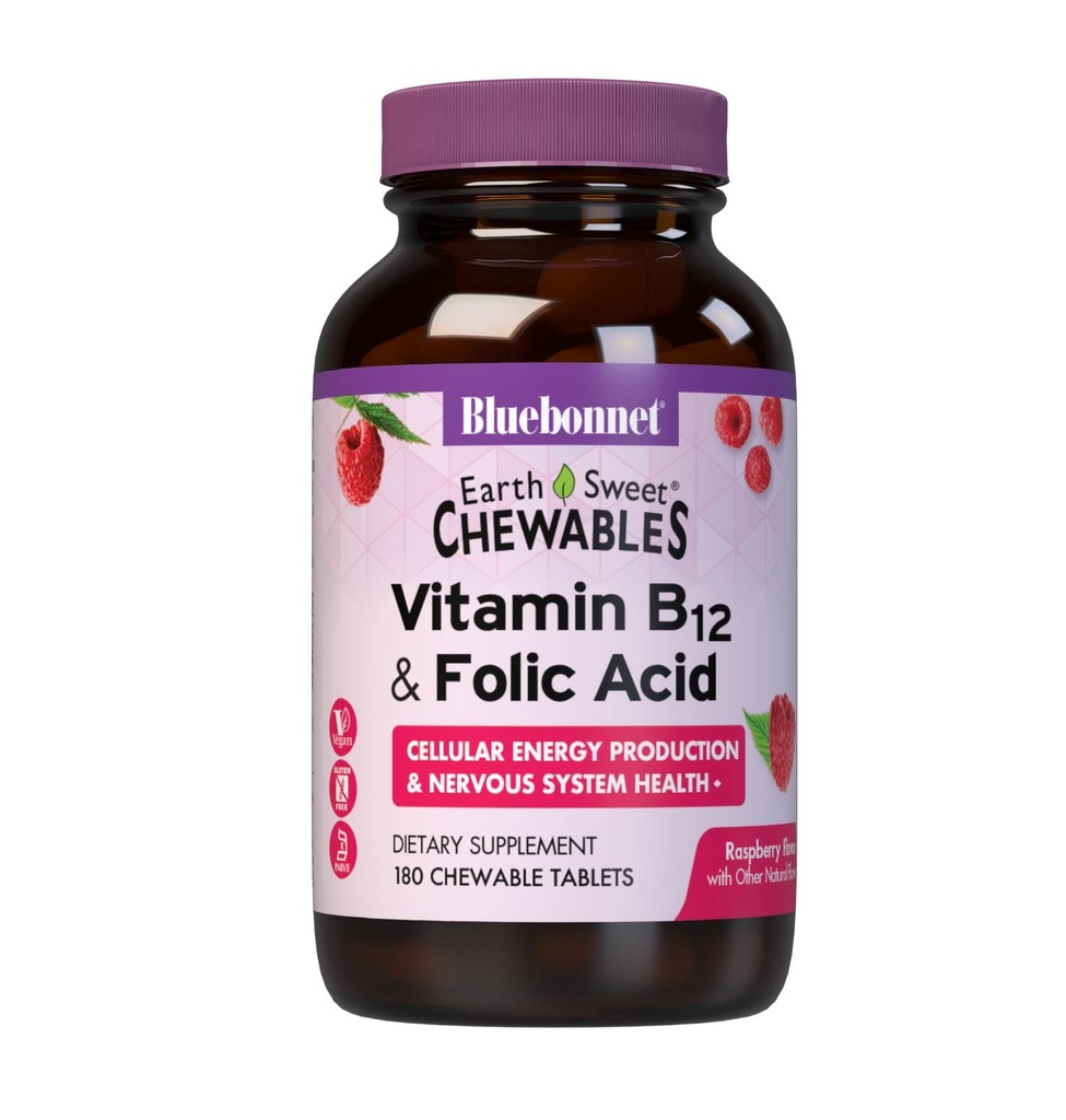 Bluebonnet Nutrition Earth Sweet Vitamin B12 1000 mcg & Folic Acid 400 mcg Brain Health & Energy* Vitaminen voor vrouwen en mannen - Veganistisch, Glutenvrije Raspberry B 12 Vitamine - 180 Kauwtabletten