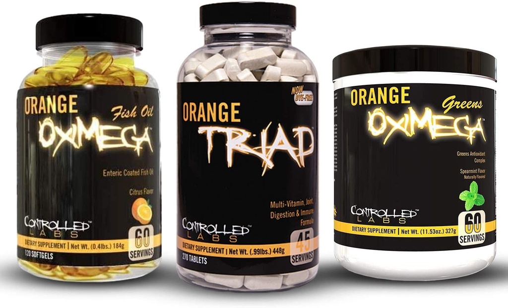 CONTROLED LABS Bundle Inclusief 45 porties Orang Triad, Orange Oximega Greens Spearmint en 120 Ct Orange Oximega Fish Oil Softgels