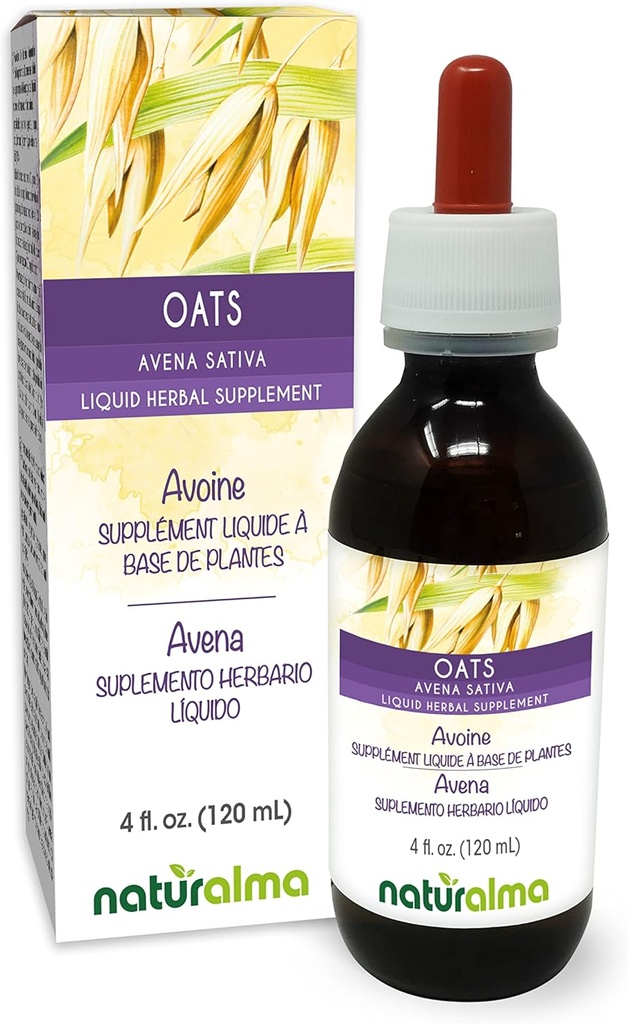 Naturalma Avoine (Avena Sativa) Tops Teinture sans alcool - 4 fl oz Extrait liquide dans les gouttes - Supplément à base de plantes - Vegan