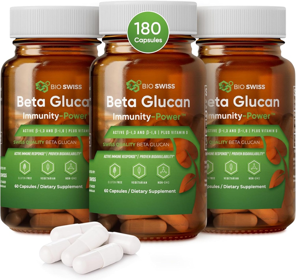 Bio Swiss Beta Glucon Immunity Power - 1,3D-1,6D Glucan met vitamine D - Immune Support Supplement for Enhanced Defense and Wellness - Veganistisch, Glutenvrij (180 Capsules)