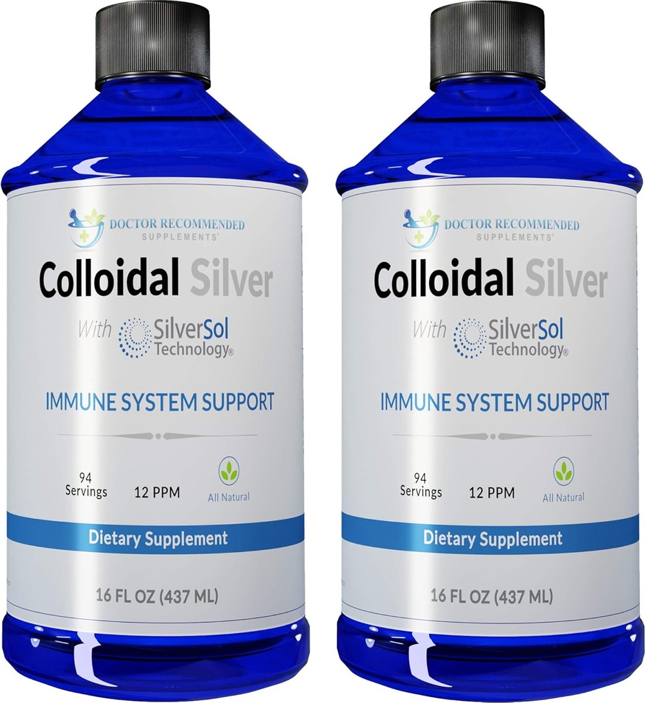 Colloïdal Argent liquide - 12 PPM Solution Argent Premium, 60 MCG par service, tout naturel, Vegan Immmune System Support, Ionic Silver Water Daily Mineral Supplément (2-16 Fl oz bouteilles)