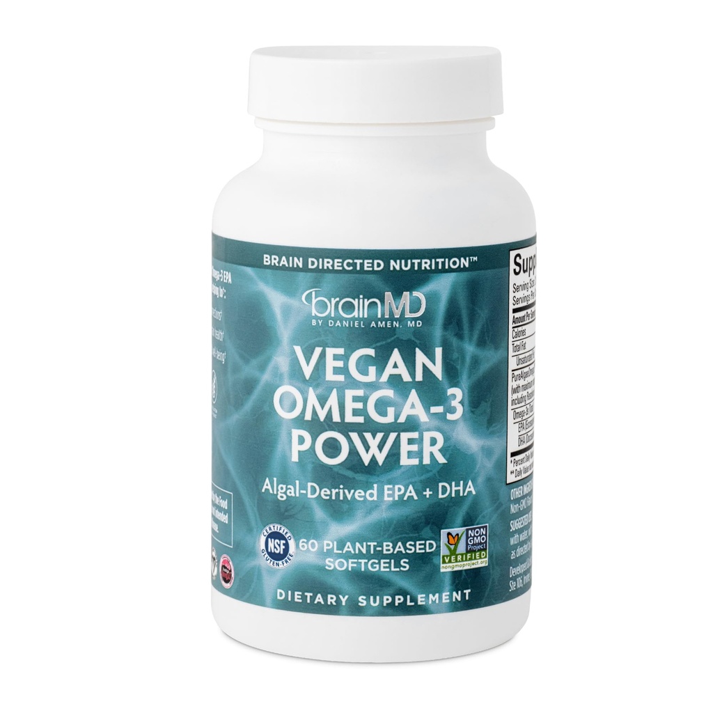 BRAINMD Dr Amen Vegan Omega-3 Power - 60 Plant Based Softgels - 1100 mg EPA & DHA - Ondersteuning Focus, Geheugen & Hart Gezondheid - Veganistisch, Glutenvrij & niet-GMO - 30 porties