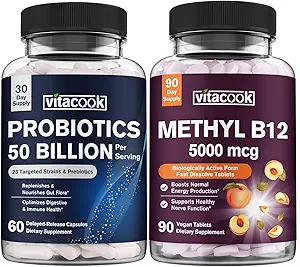 Vitamine B12 et probiotiques 50 milliards, méthylcobalamine 5000mcg pour la production d'énergie, avec prébiotiques organiques, soutien digestif et immunitaire, comprimés B12 90 ct et probiotiques Capsules 60ct