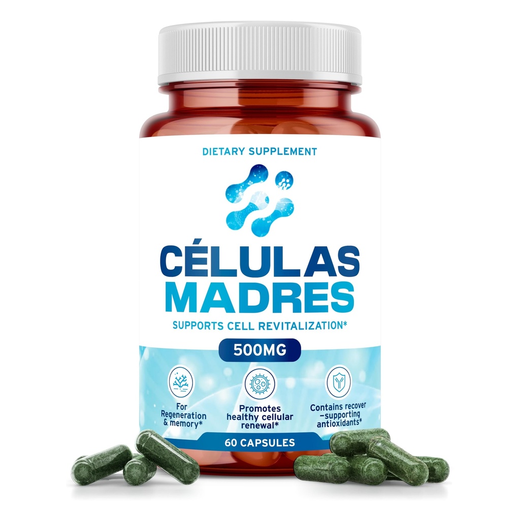 Suppléments de cellules souches 500mg (60cap) Anti-âge naturel et soutien de la longévité avec Spiruline et Chlorella, Boost renouvellement cellulaire, restaurer l'énergie juvénile, réduire la douleur articulaire – Celulas Madre