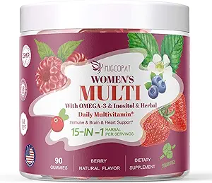 Multivitamine pour femmes, femmes Multivitamine Gummy w/Omega-3, Inositol, Folate, Biotine, Vitamines A, C, D3, E, B12 pour le coeur, le cerveau, les cheveux, l'énergie et l'immunité, Gummies sans sucre, Berry Flavor, 90 Cts