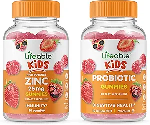 Zinc Lifeable 25mg Enfants + Probiotiques 5 Million Enfants, Gommies Bundle - Grande dégustation, supplément de vitamine, sans gluten, sans OGM, gommy à croquer