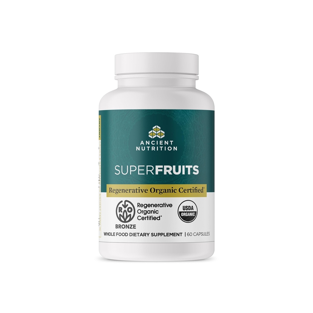 Ancient Nutrition Regenerative Organic Certified SuperFruits Capsules, ondersteunt Gut and Immune System Health, Made with Probiotics, Dragonfruit, Mulberry, en Goji, 60 Tellen