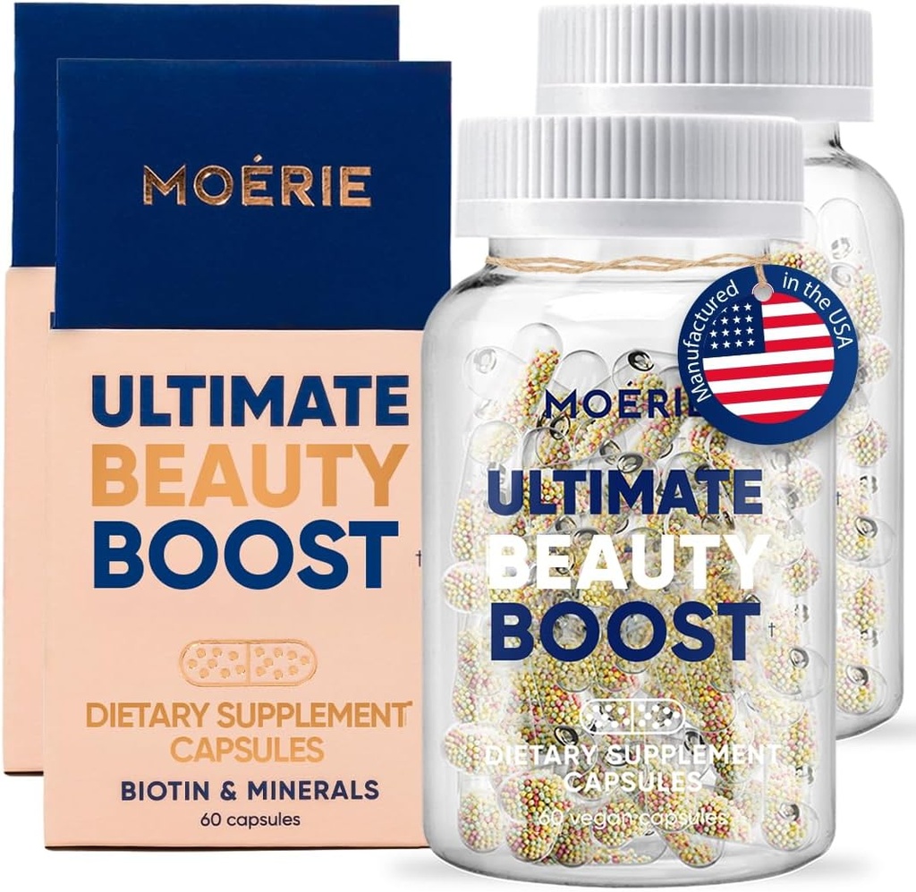 Moerie Hair Growth Supplement pour les femmes et les hommes - Peau et ongles Vitamines avec biotine, Q10 et minéraux - Pour le traitement de la perte de cheveux et de cheveux plus épais et plus complet - Système avancé de livraison de perles - 120 pilules