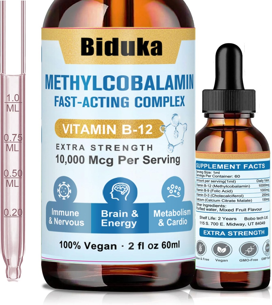 10.000 mcg vitamine B12 Sublingual Liquid Drops, Unieke formule met D3, B9(Foliumzuur), Calcium, Ondersteuning Energie, Hart, Mood, Hersenen, Immuunstelsel, Vegetarisch, Niet-GGO & Glutenvrij