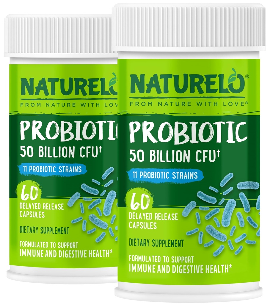 NATURELO Probiotica voor de spijsvertering gezondheid - 50 miljard CFU, 11 strains, dagelijks gebruik supplement - Boost Immuunsysteem, vertraagde afgifte, geen koelkast, 60 vegetarische capsules (verpakking van 2)