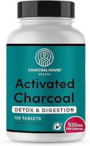 Charcoal House Kauwbare Charcoal tabletten in werking voor volwassenen Natural, Vegan, Non-GMO en Glutenvrij voor tanden, maag, gas en nausea.