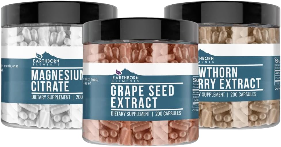 Earthborn Elements Hawthorn Berry, Grape Seed, & Magnesium Citrate Bundle (200 caps), Pure & Unducted, No Additives