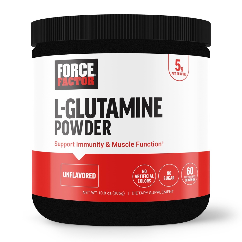 FORCE FACTOR L-Glutamine Poeder voor Post Workout Herstel, Muscle Recovery, gezonde spierfunctie, en immuniteit, 5000mg/5g Glutamine Supplement, Vegan, Non-GMO, 60 Servers