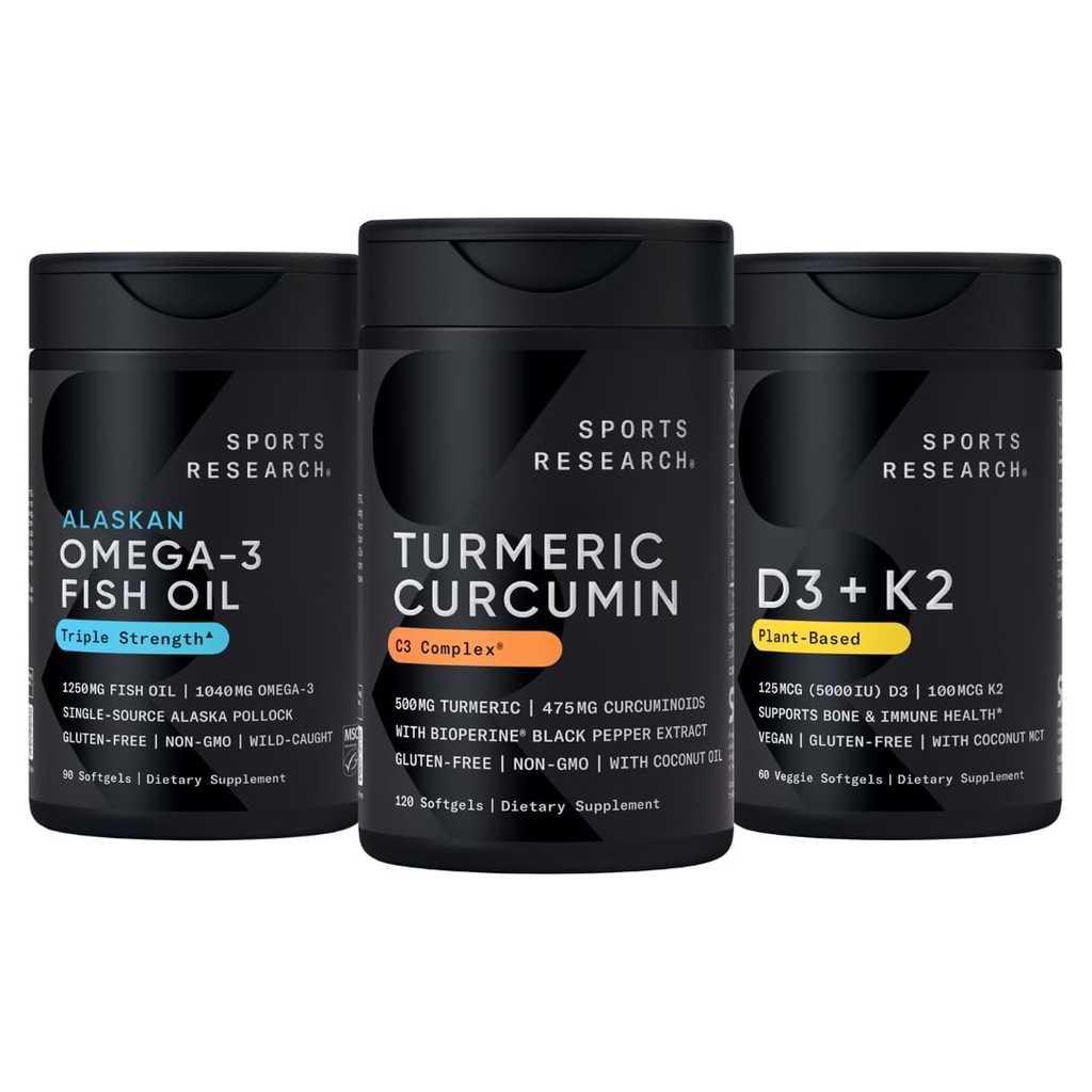 Recherche sportive Wild Alaskan Pollock Omega 3 Huile de poisson 90 Softgels (1250 mg), Turmeric Curcumin C3 Complex (120 Softgels) et Vegan 5000 UI Vitamine D + 100mcg Mk7 Vitamine K (60 Softgels)
