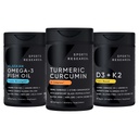 Recherche sportive Wild Alaskan Pollock Omega 3 Huile de poisson 90 Softgels (1250 mg), Turmeric Curcumin C3 Complex (120 Softgels) et Vegan 5000 UI Vitamine D + 100mcg Mk7 Vitamine K (60 Softgels)