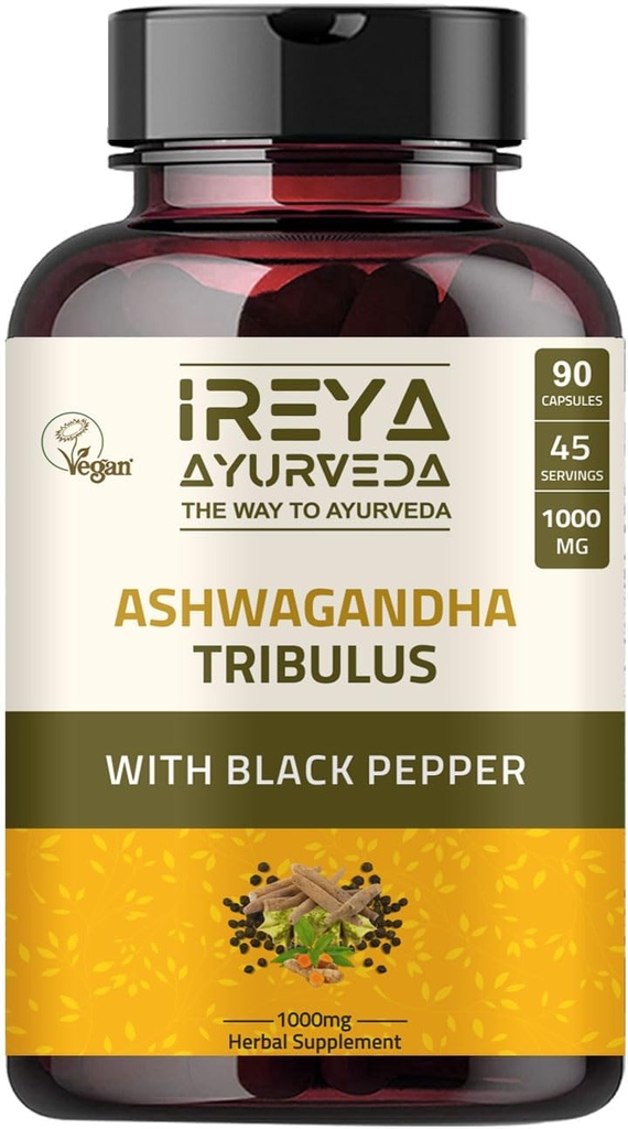 Ashwagandha Capsules Biologische 1000mg (90 capsules) Gemaakt met Tribulus Terrestris, Shatavari en Black Pepper Biologische Ingrediënten 45 Days Supply