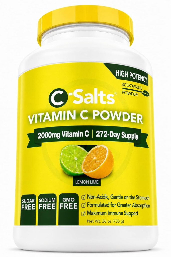 C-Salts Vitamine C Powder Supplement - 100% Pure High Dose Buffered Vitamine C Powder for Immune Support - Organic, Sugar-Free, Vegan, Non-GMO, Maag-Vriendly, Lemon Lime 26oz