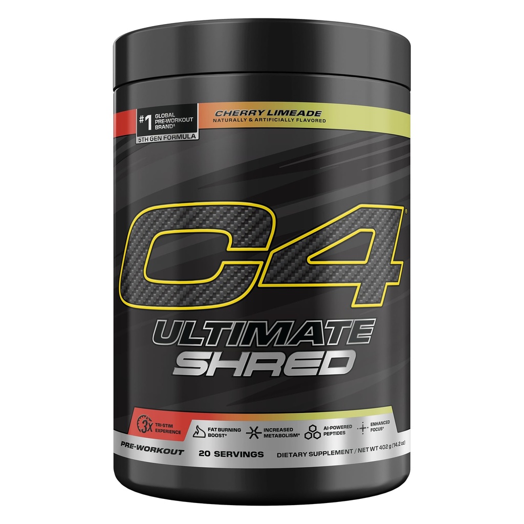 Cellucor C4 Ultimate Shred Pre Workout Powder, Metabolisme supplement met Cayenne Extract+300mg Cafeïne+TeaCrine+Dynamine - Cherry Limeade, 20 porties