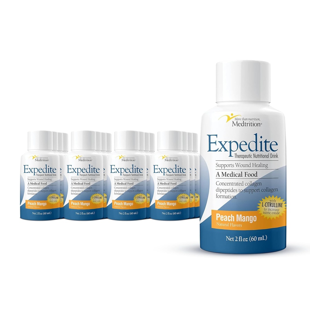 Medtrition Expedit Liquid Collageen, Peach Mango, 2 Fl Oz, Pack of 24 - Nutrition Support for General, Orthopedic & Cosmetic Surgery Recovery