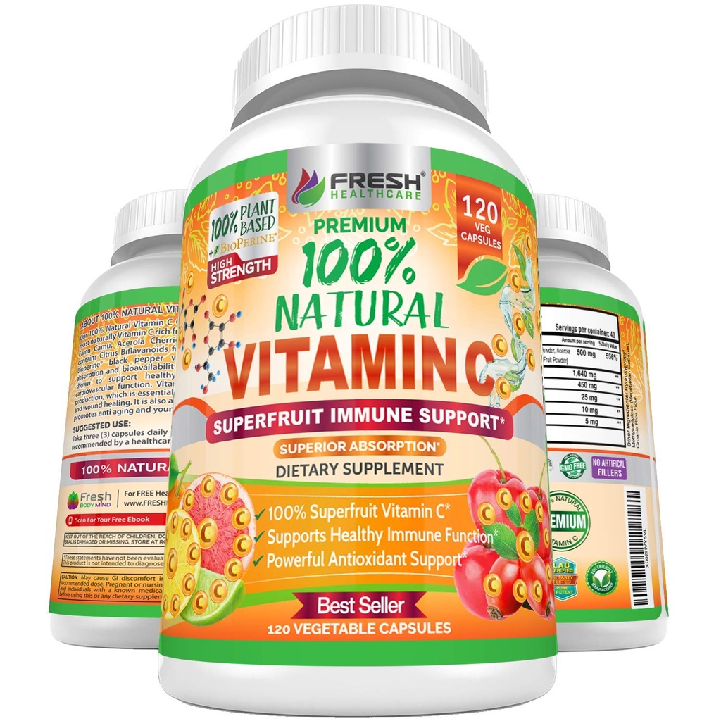 Fresh Healthcare 100% natuurlijke vitamine C - 500 mg van Rose HIPS, Acerola Cherry & Camu Camu - Hoge absorptie Immune Support, huid, Joint & Collageen Booster met Citrus Biflavonoids - 120 capsules