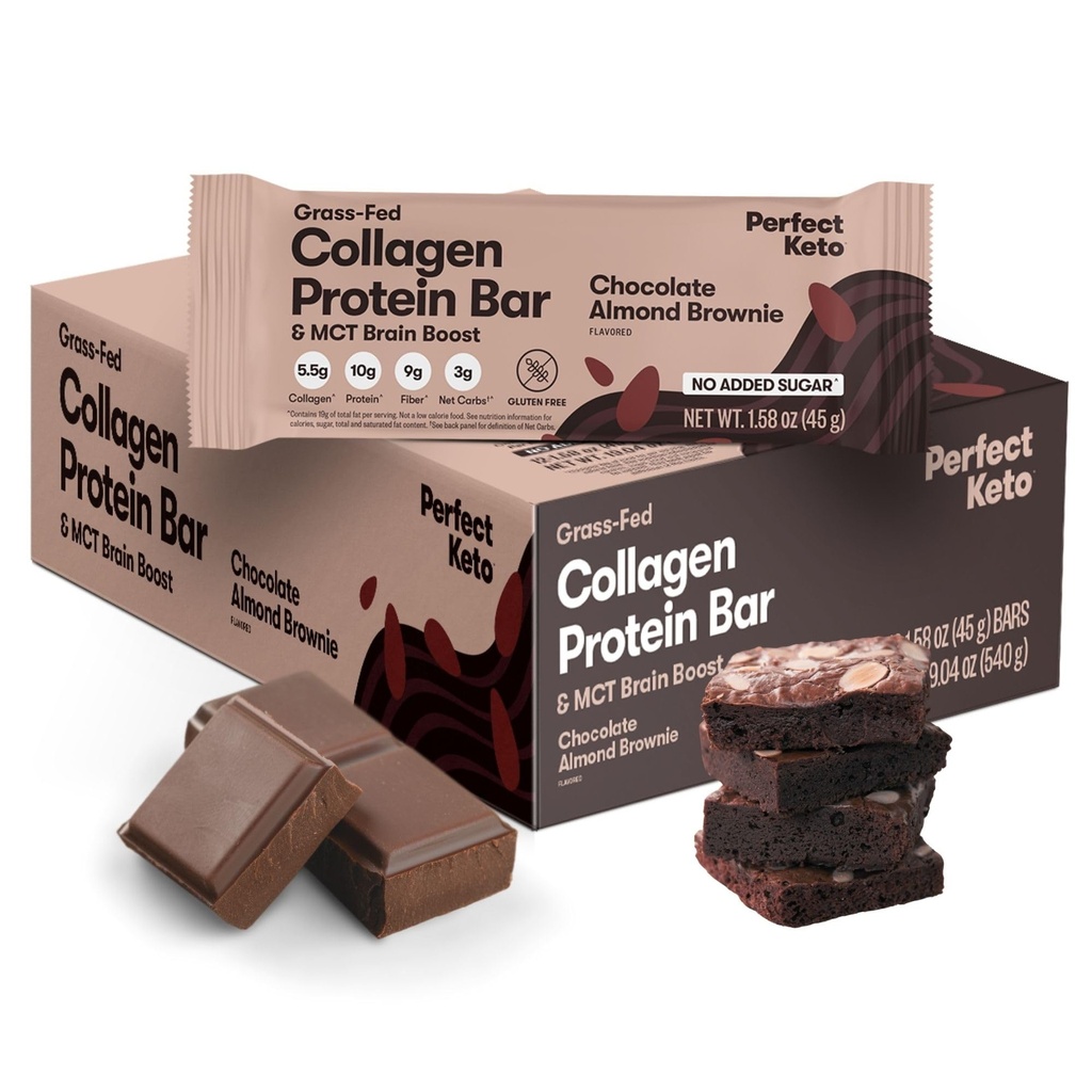 Perfect Keto Bars - De schoonste Keto Snacks met Collageen en MCT. No Added Sugar, Keto Diet Friendly - 3g Net Carbs, 19g Vet, 10g eiwit - Diet Food Dessert (Amandelboter Brownie, 12 Bars)