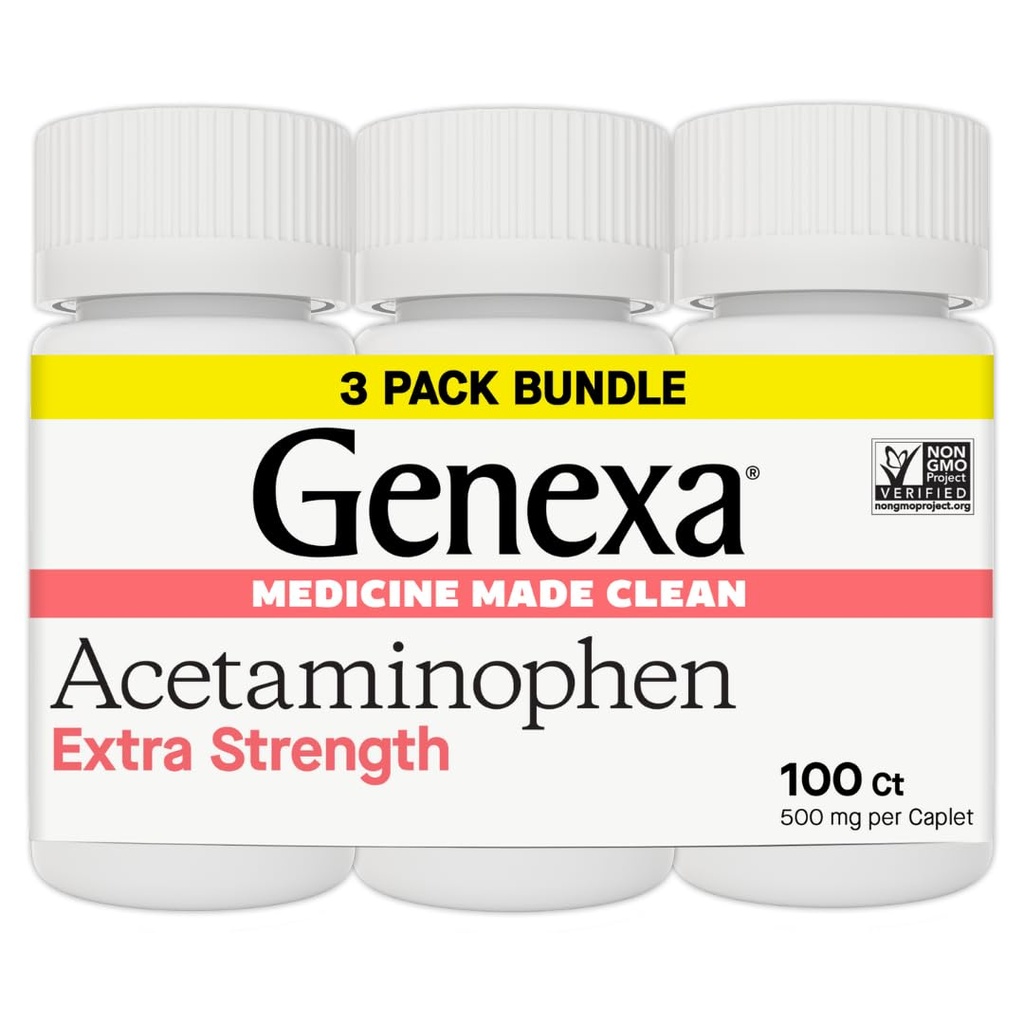 Genexa Acétaminophène pur 500mg Extra Strength, Tee Free Pain Reliever Fever Reducer, 0% Additifs artificiels, Pain médecine pour adultes, soulager maux de tête, maux de dos, arthrite mineure Douleur, 300 comprimés