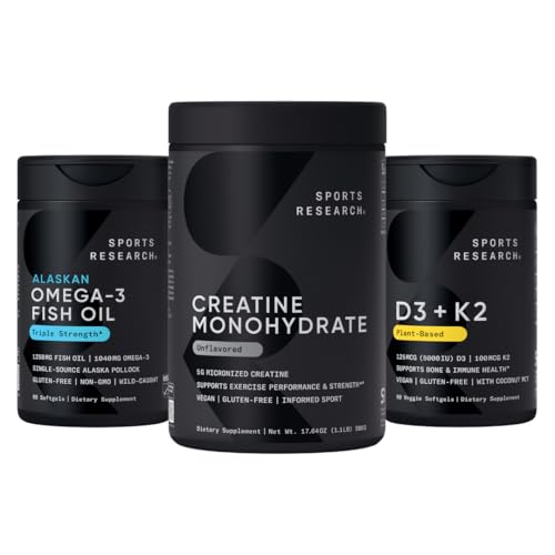 Sportonderzoek Triple Strength Omega 3 Visolie - Burpless Fish Oil Supplement w/EPA & DHA Vetzuren, Creatine Monohydraat & Plant Based Vitamine D3 K2 met Kokosolie