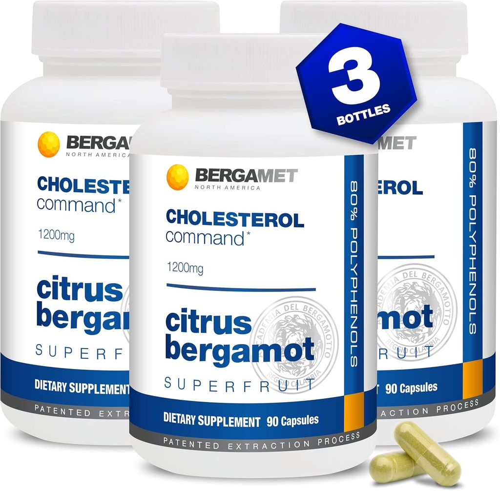 Cholesterol Command, Citrus Bergamot SuperFruit Supplement, 47% Bergamot Polyfenol Fraction (BPF) Gepatenteerde Formule, Gemaakt in de VS, 3 Maanden, 270 Capsules - 3 Flessen