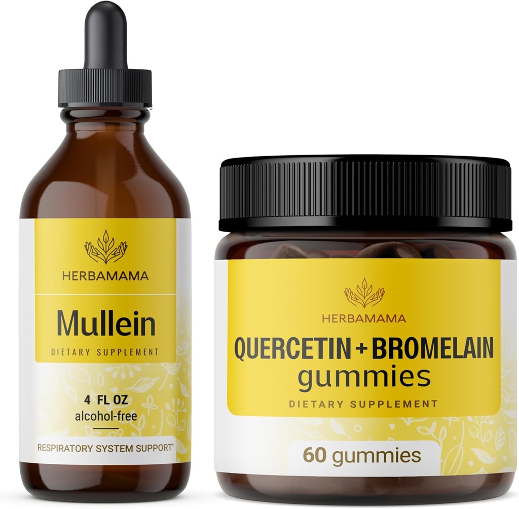 HERBAMAMA Mullein Leaf Extract en Quercetin Gummies Kit - Bundel van Mullein Leaf Drops 4 fl oz en 800 mg Quercetin met Bromelain Gummies - Vegan, Non-GMO, Alcoholvrije - 2 Pack
